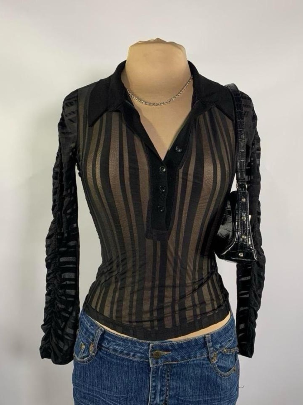 LVL X Sheer Mesh Striped Top Ruched Sleeve Blouse Black S Whimsygoth Cyber Punk